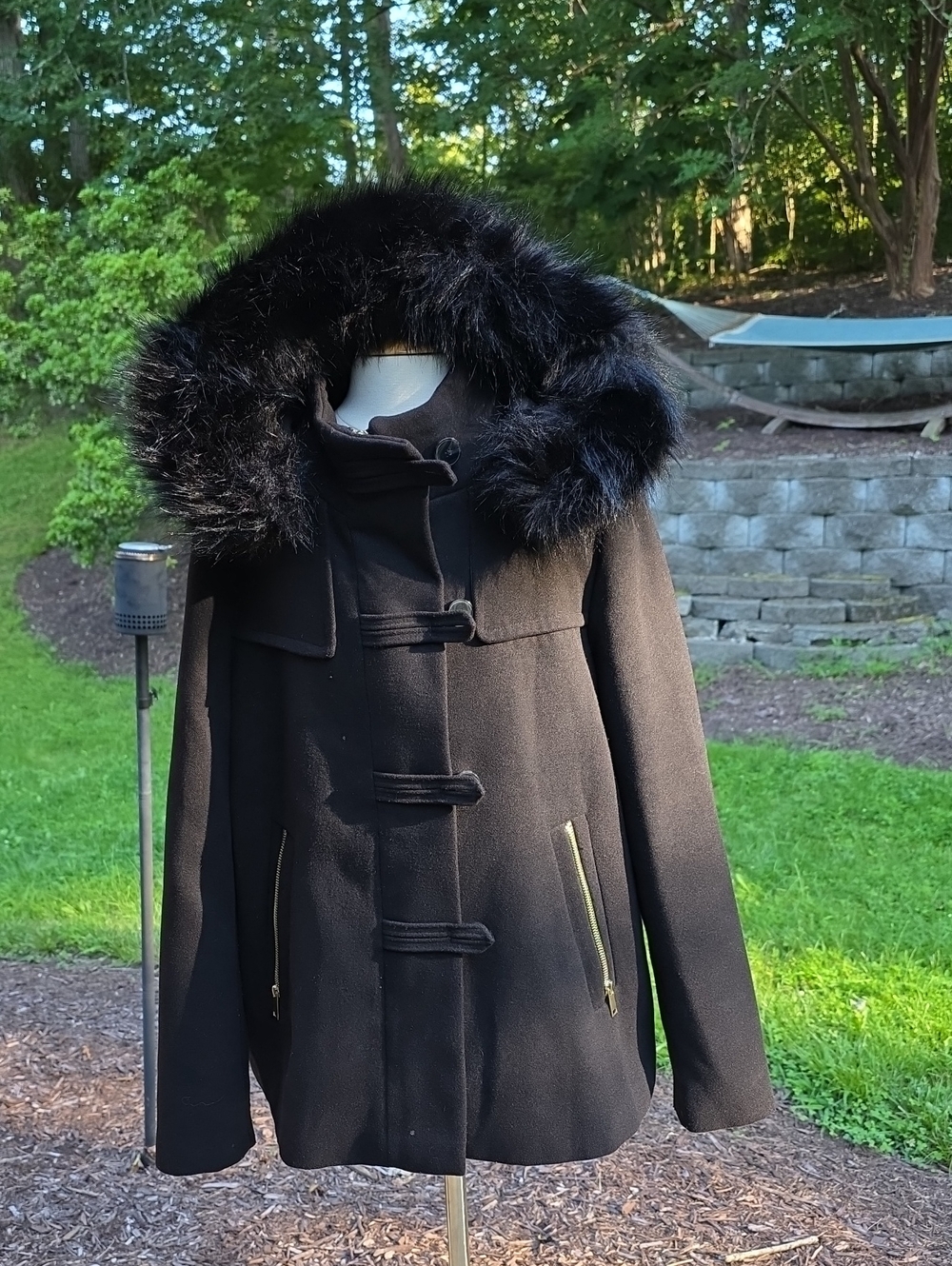 Zara Basics Black Toggle Peacoat with Faux Fur Hood